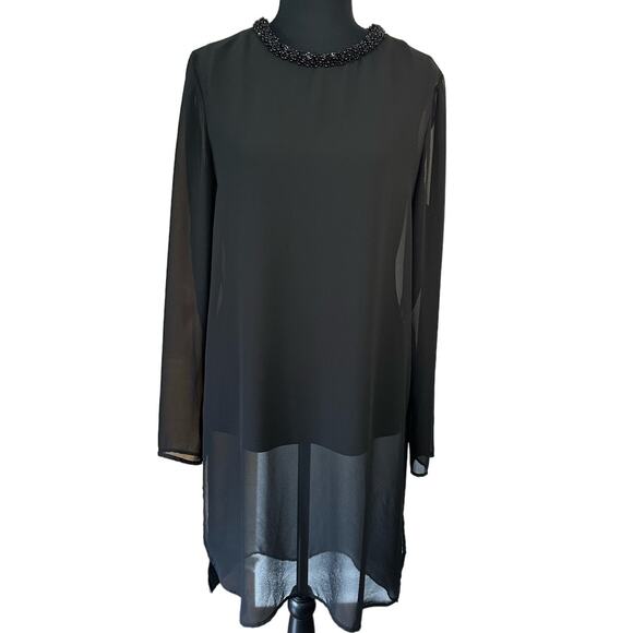 Gianni Bini Black Sheer Overlay Dress Formal Beaded Crew Neck Size M - Picture 1 of 9